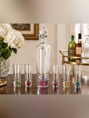 Vintage Block Crystal Glass Decanter Set Colorful Accents 5 cordial shot glasses